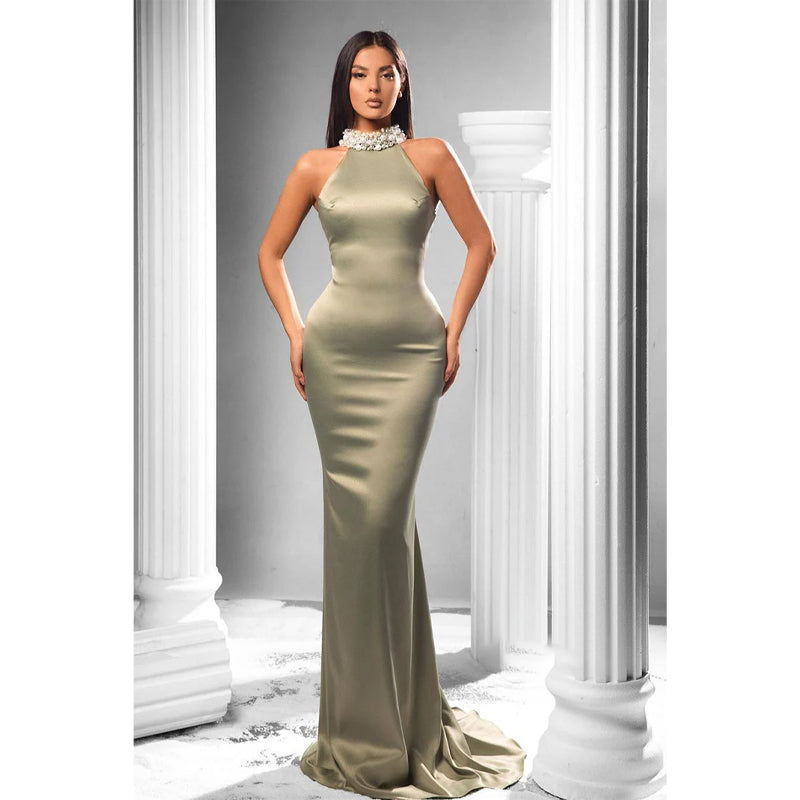 Unique Bead High Neck Long Mermaid Prom Formal Dress