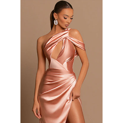 Sheath/Column One Shoulder Pleated Satin Long Formal Evening Dress