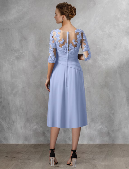 Two Piece A-Line Mother of the Bride Dress Wedding Guest Elegant Square Neck Tea Length Chiffon Lace Half Sleeve Wrap Included with Appliques Side-Draped