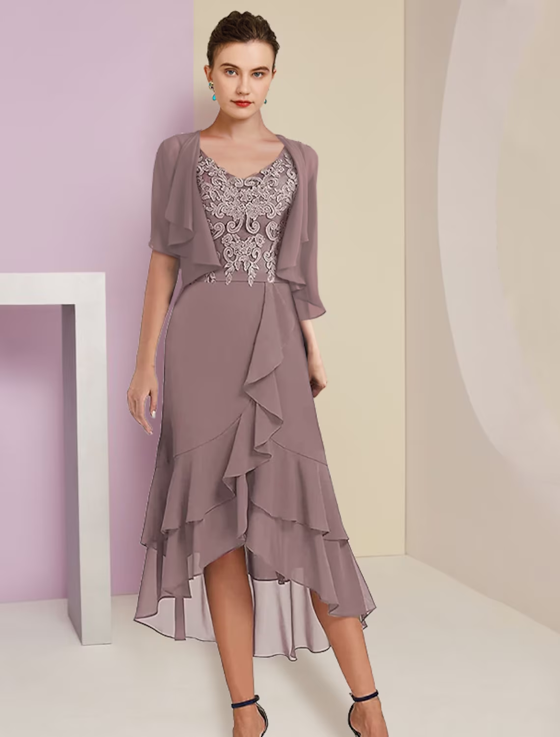 Zweiteiliges A-Linien-Kleid für die Mutter der Braut, formeller Hochzeitsgast, elegant, hoher Tiefausschnitt, V-Ausschnitt, asymmetrisch, wadenlang, Chiffon, Spitze, kurze Ärmel, 3/4-Ärmel, Wickelärmel, inklusive Applikationen