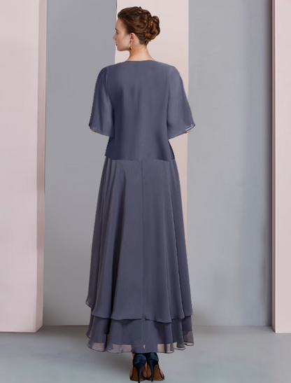 Zweiteiliges A-Linien-Kleid für die Mutter der Braut, formeller Hochzeitsgast, eleganter U-Ausschnitt, asymmetrische Wadenlänge, Chiffon-Spitze, kurze Ärmel, Wickelkleid mit Perlenapplikationen