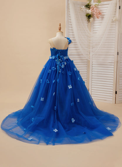 Princess Ball Gown Flower Girl Dress with Appliques and Bow Royal Blue