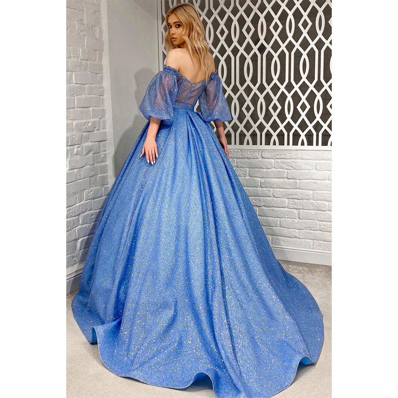 Unique Off The Shoulder Half Sleeves Sparkly Prom Ball Gown