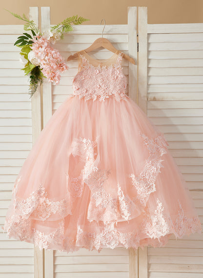 Princess Sleeveless Tulle Gown with Lace Appliques and Sweep Train for Girls