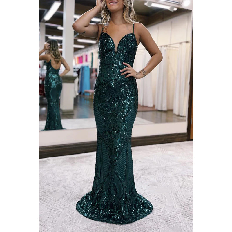 Trumpet V-neck Spaghetti Straps Appliques Party Prom Evening Dress