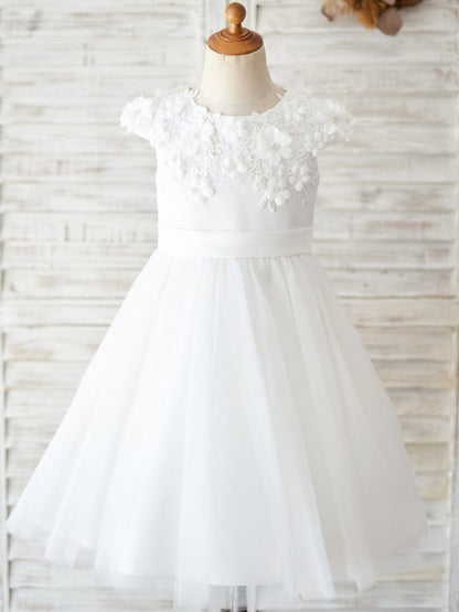 Satin Tulle Tea-length Ivory First Communion Flower Girl Dress