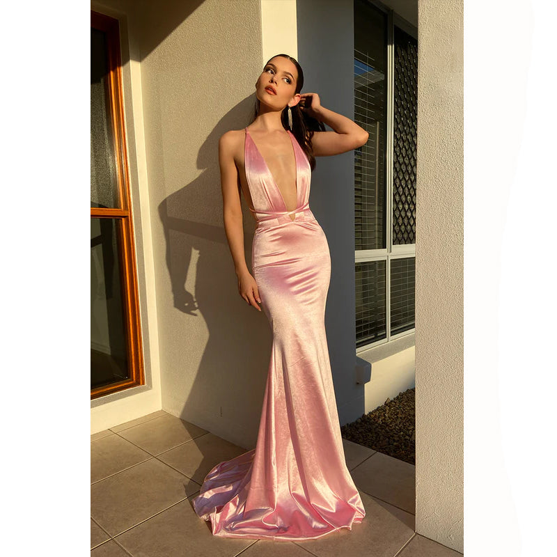 Deep V-Neck Spaghetti Straps Satin Sheath Long Prom Dress