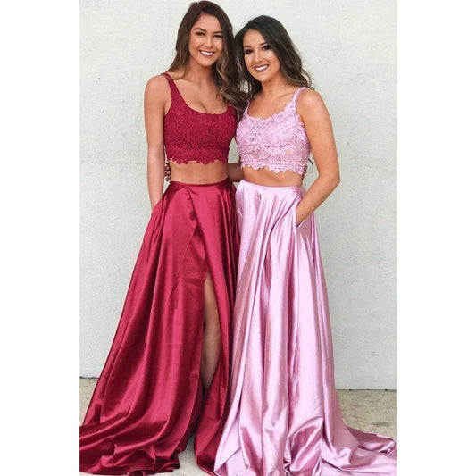 Double Straps Lace Top Burgundy Satin Two Piece Prom Dress with Pockets