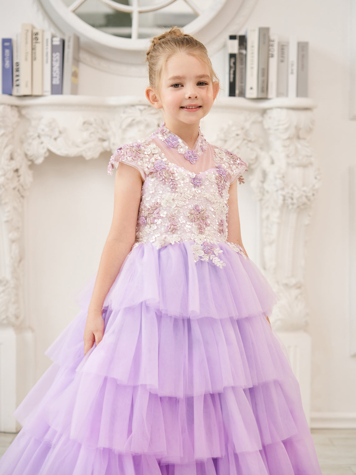 Lilac Tulle Princess Ball Gown with Floral Appliques and Beading for Girls