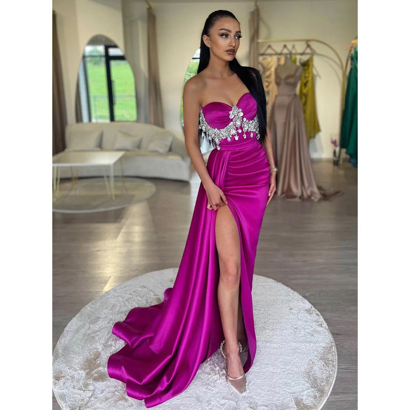 Sheath/column Sweetheart Crystal Long Prom Formal Dress with Slit Evening Party Gown