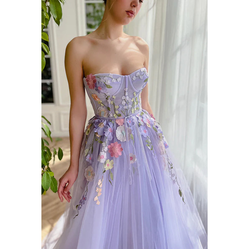 Strapless Floral Appliqued Tulle A-Line Long Prom Evening Dress