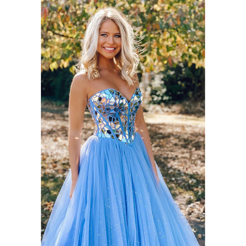 Sky Blue Tulle Beads A-line Senior Prom Dress