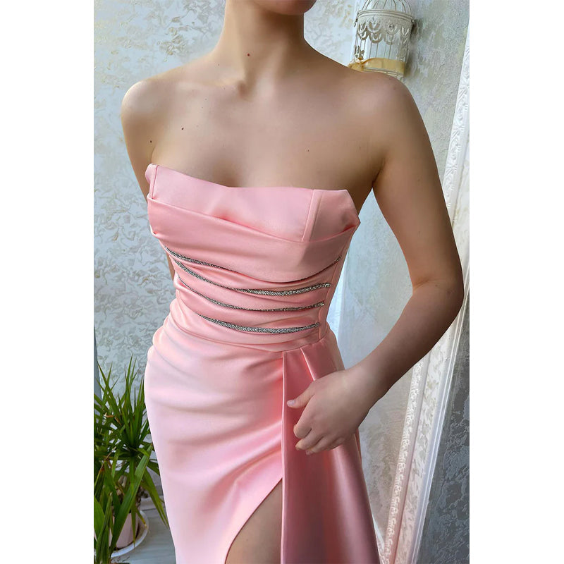 Strapless Beads High Split Pink Long Prom Formal Dress