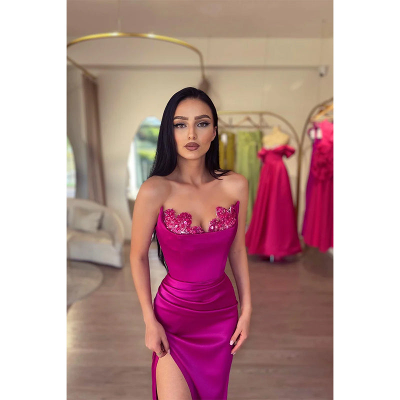 Sexy V-Ausschnitt Satin Falten Etuikleid Langes Ballkleid mit Schlitz