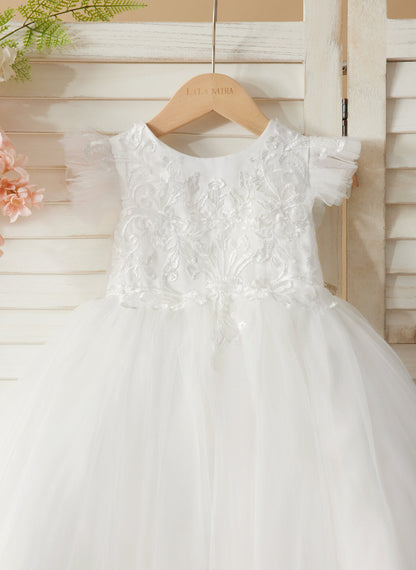 Ivory Princess Ball Gown with Lace Appliques and Tulle Court Train for Girls