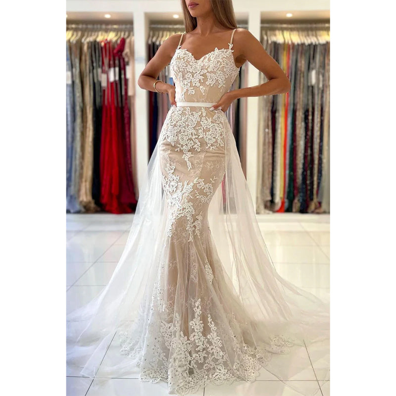 Spaghetti Straps Lace Appliques Mermiad Formal Evening Dress