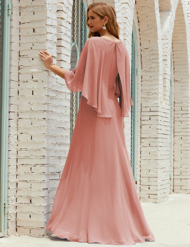 Numbersea Bridesmaid Dress Women Long Sleeve V-Neck Chiffon Formal Wedding Party 28018