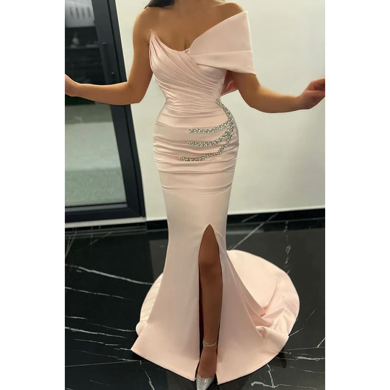 Simple Elegant Off-Shoulder Cap Sleeves Rhinestone Slit Trumpet Party Prom Dress