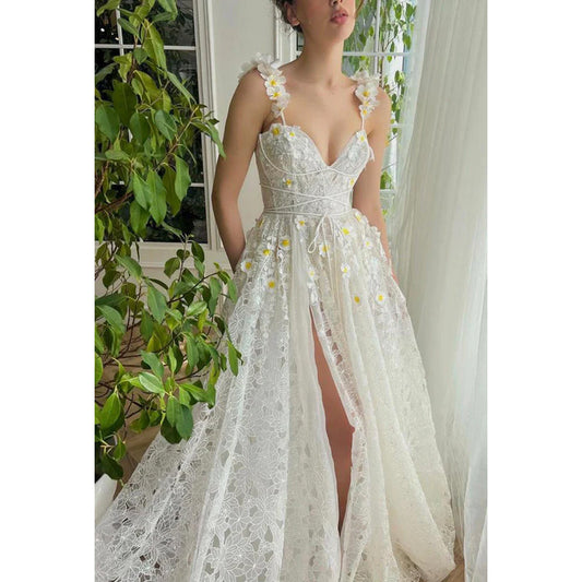 Sweetheart Appliqued Sheer Lace A-Line Long Prom Evening Dress With Slit