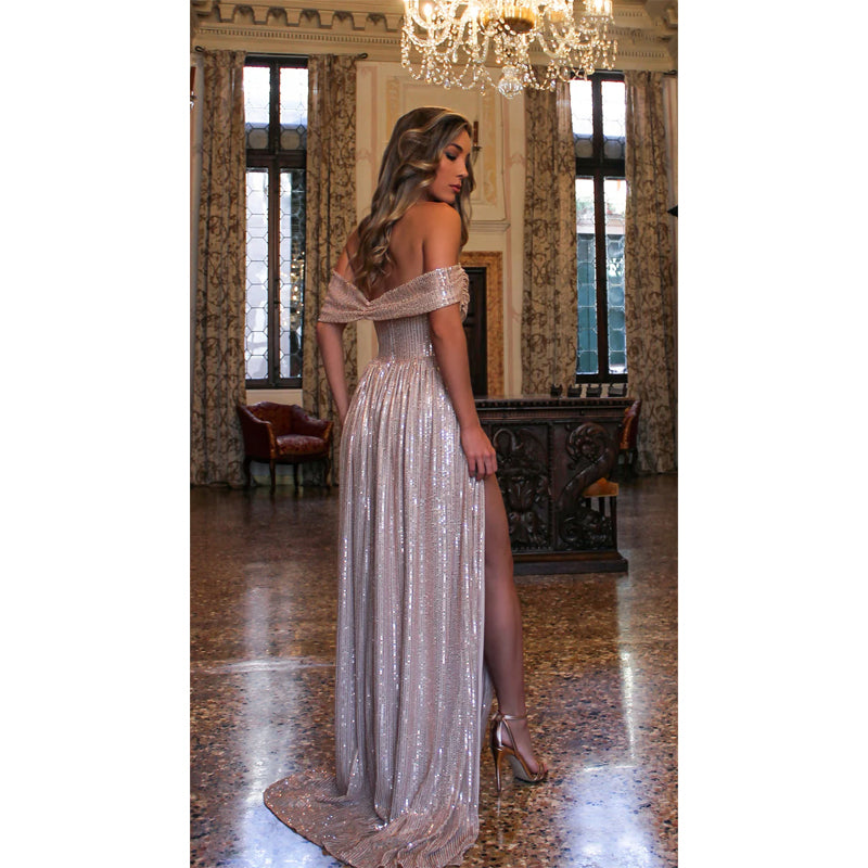 Strapless High Split Pleats Sparkly Prom Dress Long Formal Evening Gown