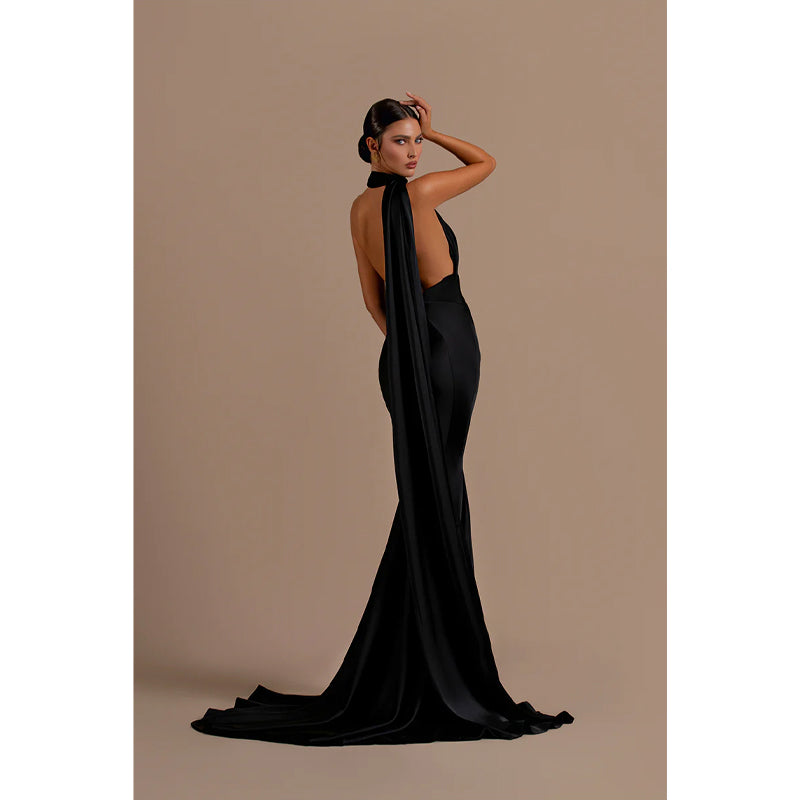 Unique Halter Pleats Black Long Formal Party Dress