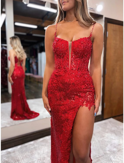 Mermaid / Trumpet Prom Dresses Sparkle & Shine Dress Formal Sweep / Brush Train Sleeveless Spaghetti Strap Sequined Backless with Beading Sequin Slit