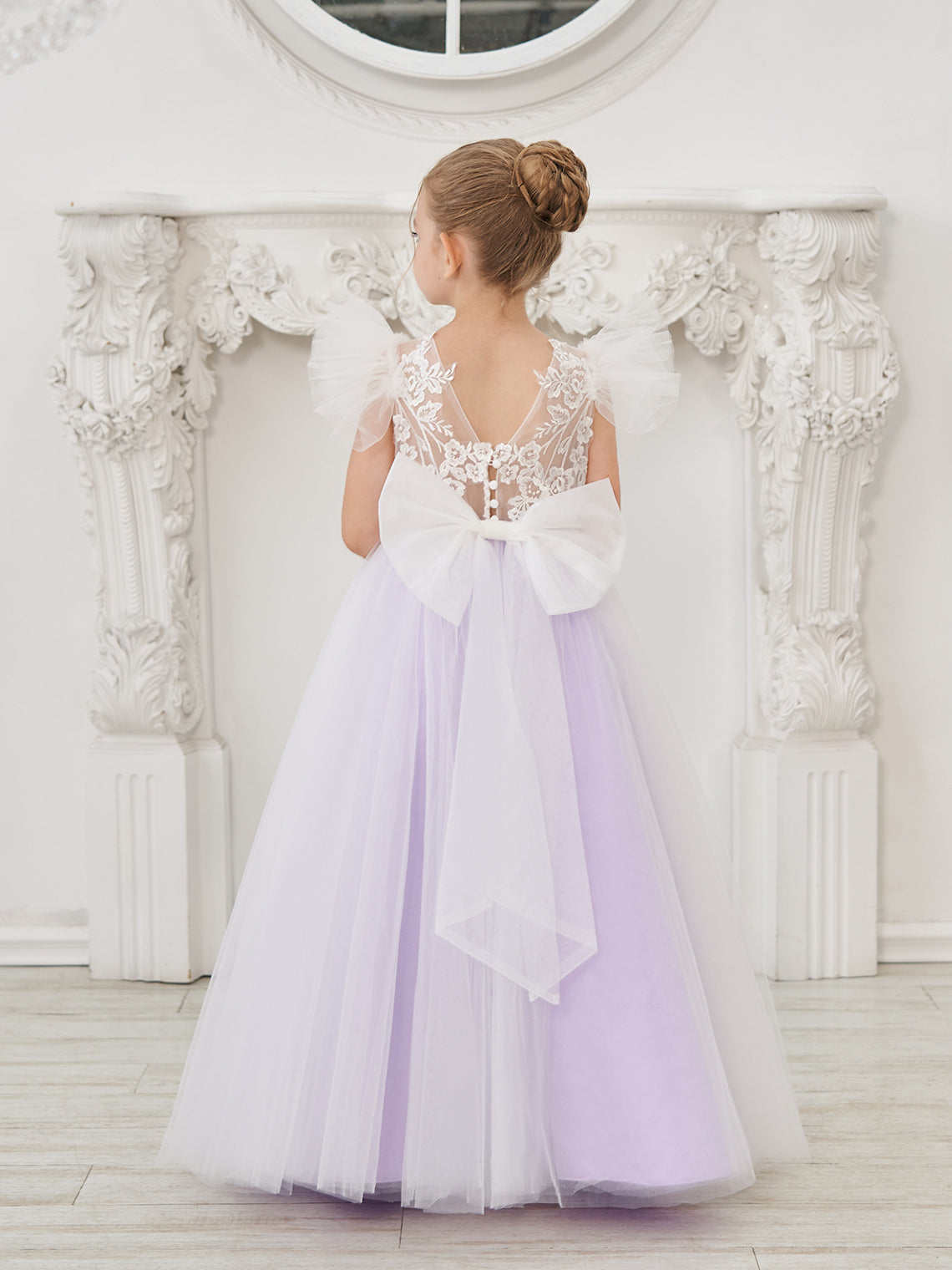 Detachable  Lace Tulle Sweep Train Flower Girl Dress