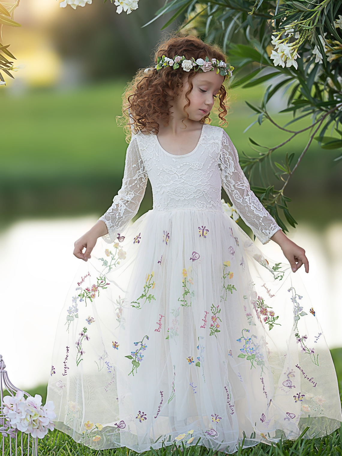 Floral Lace Embroidered Tulle A-Line Full-Length Garden Flower Girl Dress