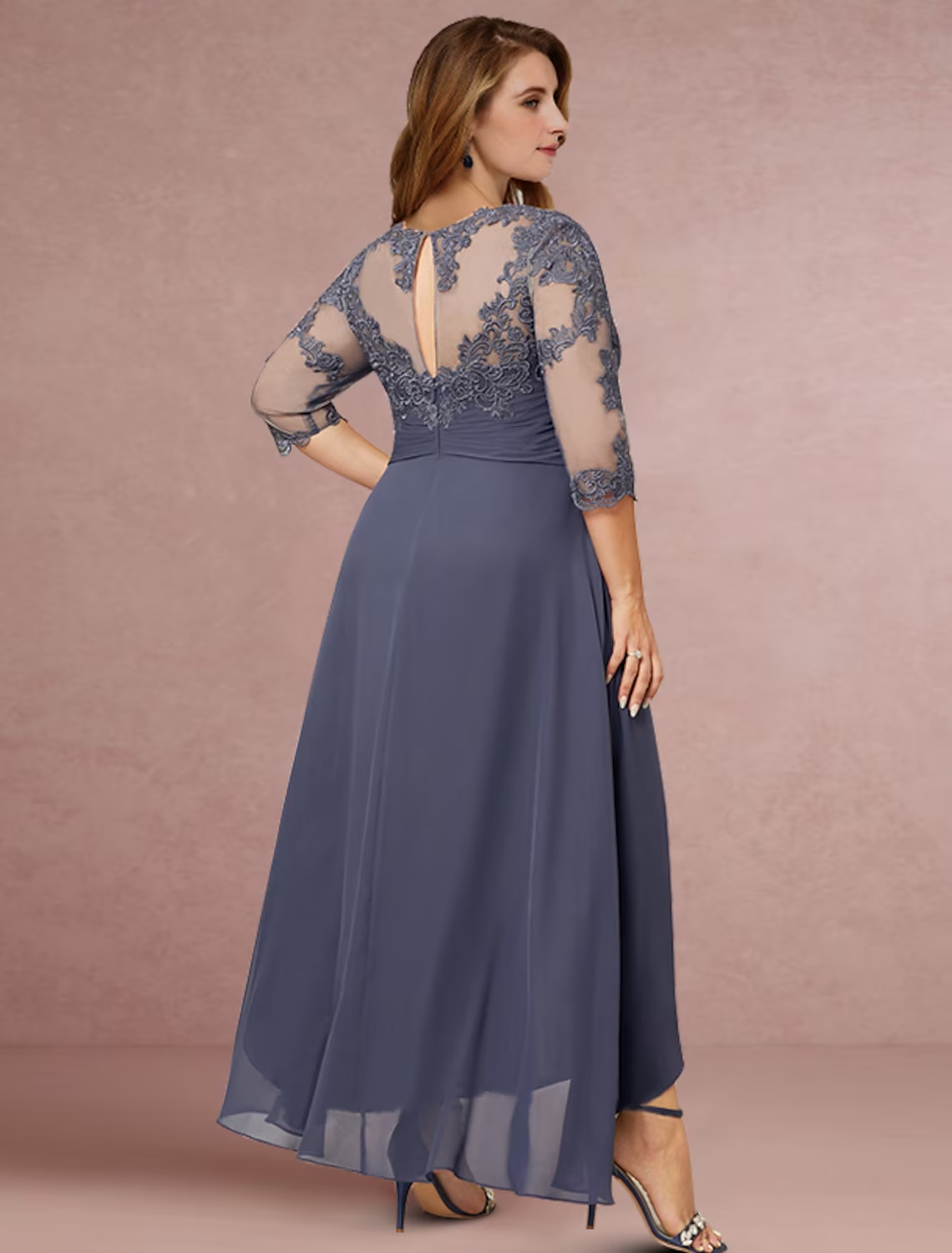 Sheath / Column Mother of the Bride Dress Wedding Guest Elegant Jewel Neck Asymmetrical Chiffon Lace 3/4 Length Sleeve with Pleats Solid Color