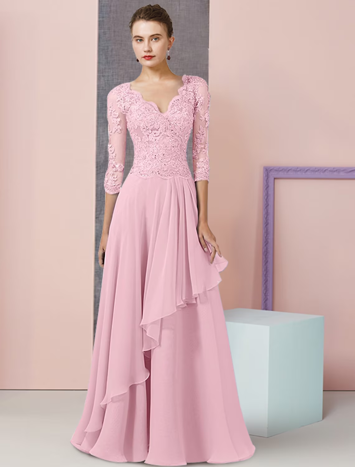 Two Piece A-Line Mother of the Bride Dress Formal Wedding Guest Party Elegant V Neck Floor Length Chiffon Lace Half Sleeve Wrap Included with Beading Sequin Appliques