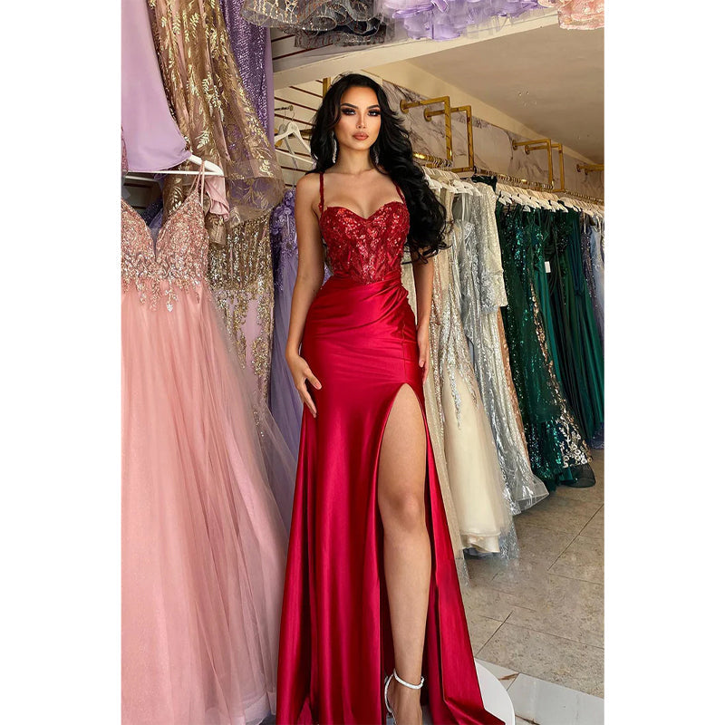 Spaghetti Straps Sweetheart Lace Appliques Red Mermaid Prom Party Dress with Slit