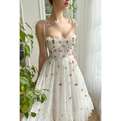 Spaghetti Straps Appliqued Sheer Lace A-Line Tea Length Evening Prom Dress