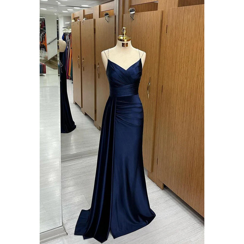 Simple & Casual Spaghetti Straps V-Neck Sleeveless Ruched Sheath Party Prom Dress