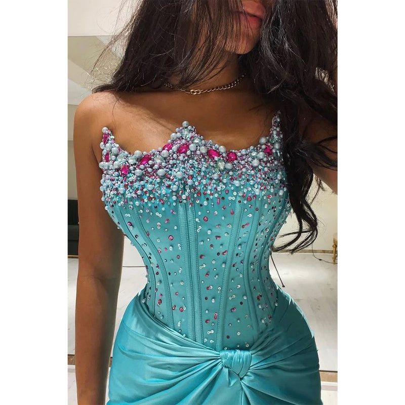 Sheath/column Strapless Blue Beaded Long Formal Dress Evening Gowns