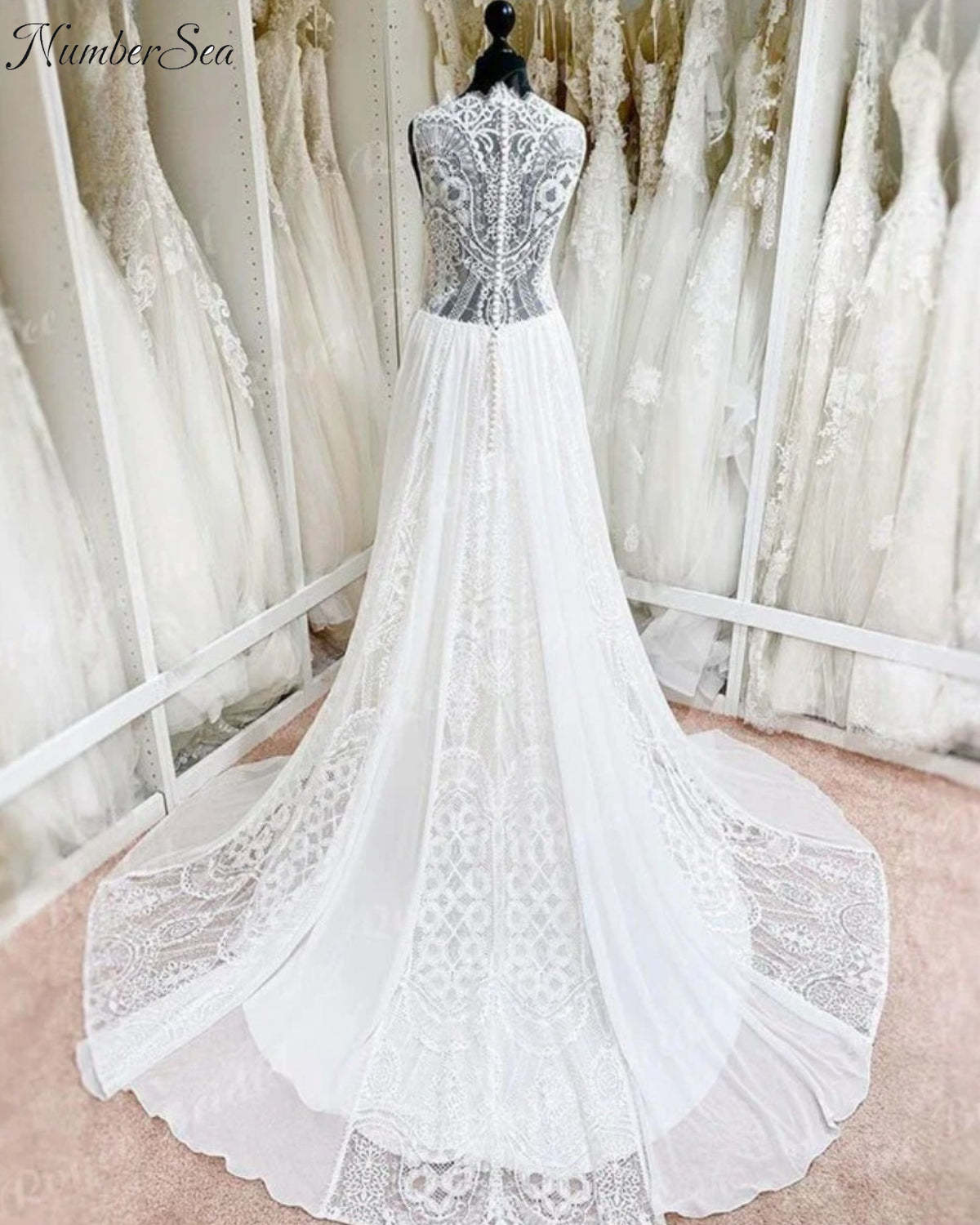 Wedding Gown A Line Scalloped Neck Wedding Dress Lace Chiffon Sleeveless Illusion Bohemian Bridal Gowns robe soirée mariage