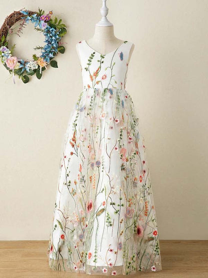 Wildflower floral embroidery overlay tulle A-line slim fit flare V-neck back bow floral girls dress