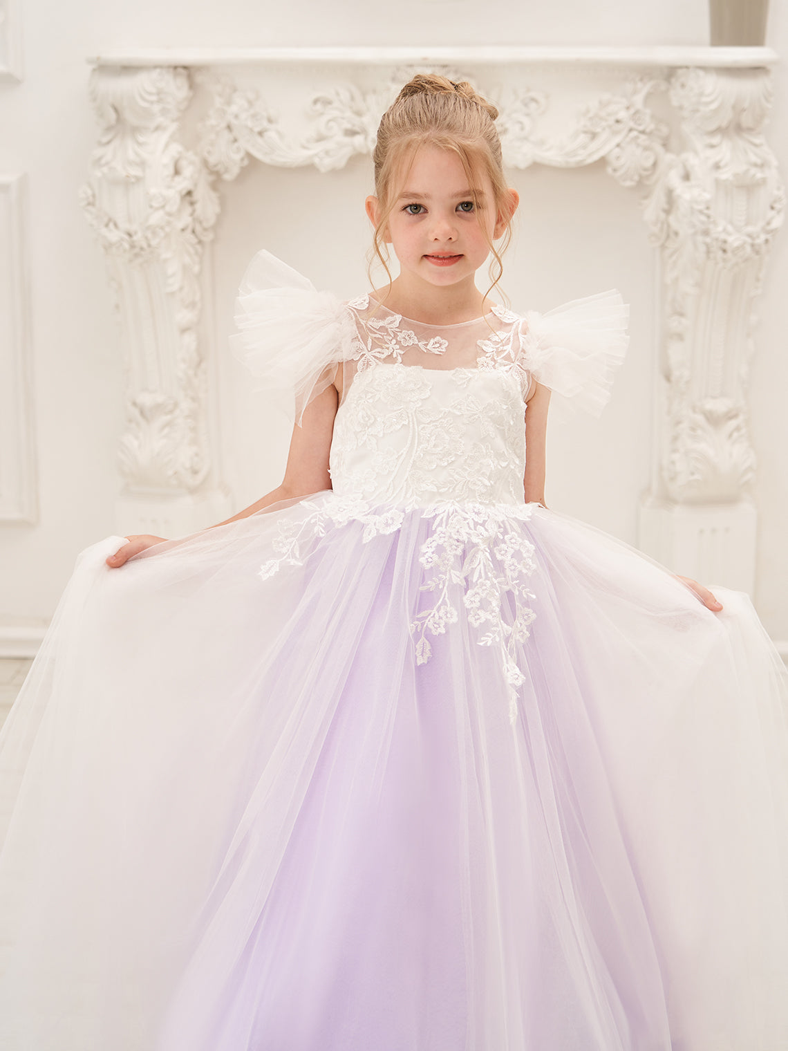 Detachable  Lace Tulle Sweep Train Flower Girl Dress