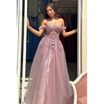 Elegant & Luxurious Appliques A-Line Off-Shoulder Cap Sleeves Tulle Party Prom Dress