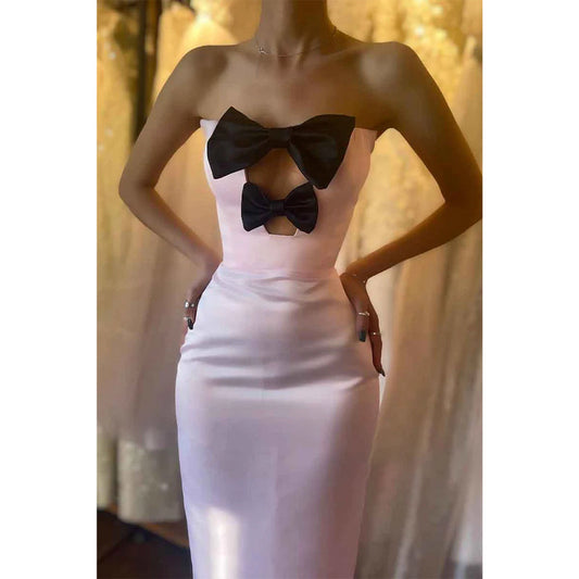 Sheath/column Strapless Bow Pink Long Formal Party Dress