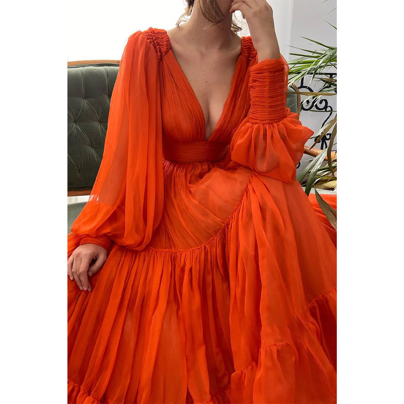 Sexy A-Linien-Abendkleid aus orangefarbenem Tüll mit tiefem V-Ausschnitt und langen Ärmeln 