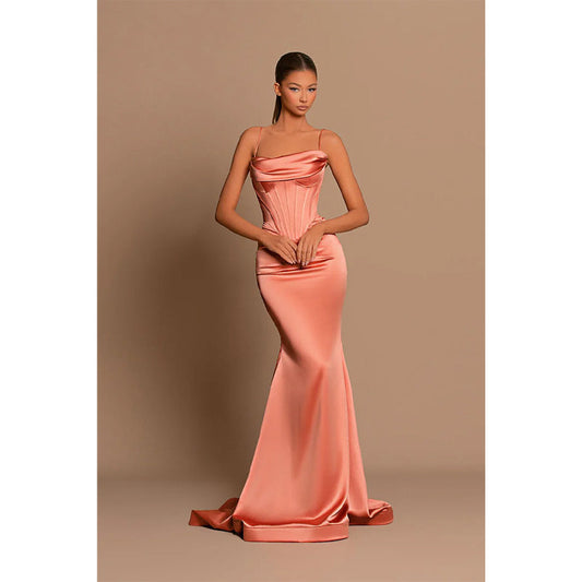 Spaghetti Straps Scoop Pleated Long Mermaid Prom Formal Dress