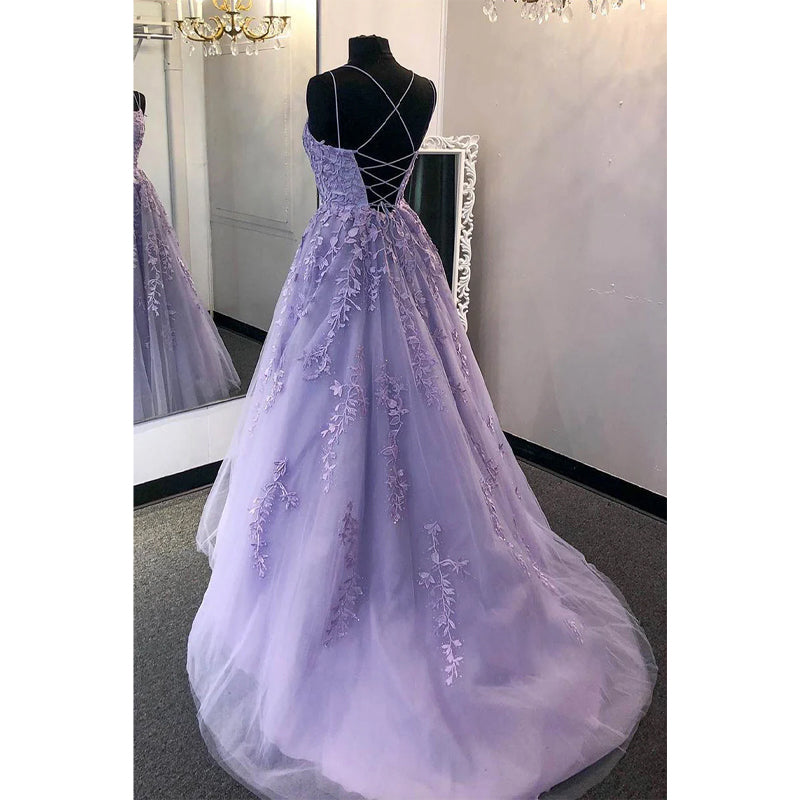 Unique Scoop Criss-cross Straps Sky Blue Tulle Appliques A-line Long Prom Dress