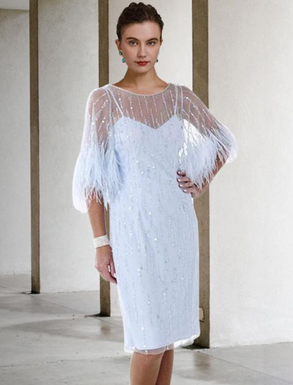 Sheath / Column Mother of the Bride Dress Elegant Sparkle & Shine Jewel Neck Knee Length Stretch Chiffon Half Sleeve with Feather Beading Sequin