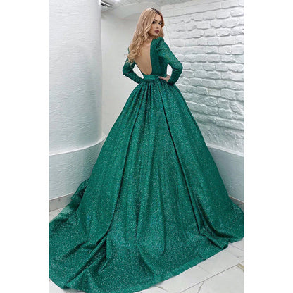 Unique Jewel Long Sleeves Green Prom Dress Glitter