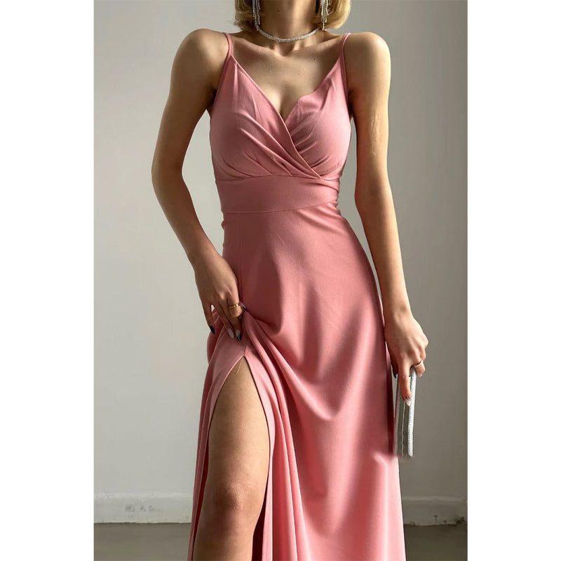 Simple A-line Sexy V-neck Straps Long Prom Party Dress with Slit