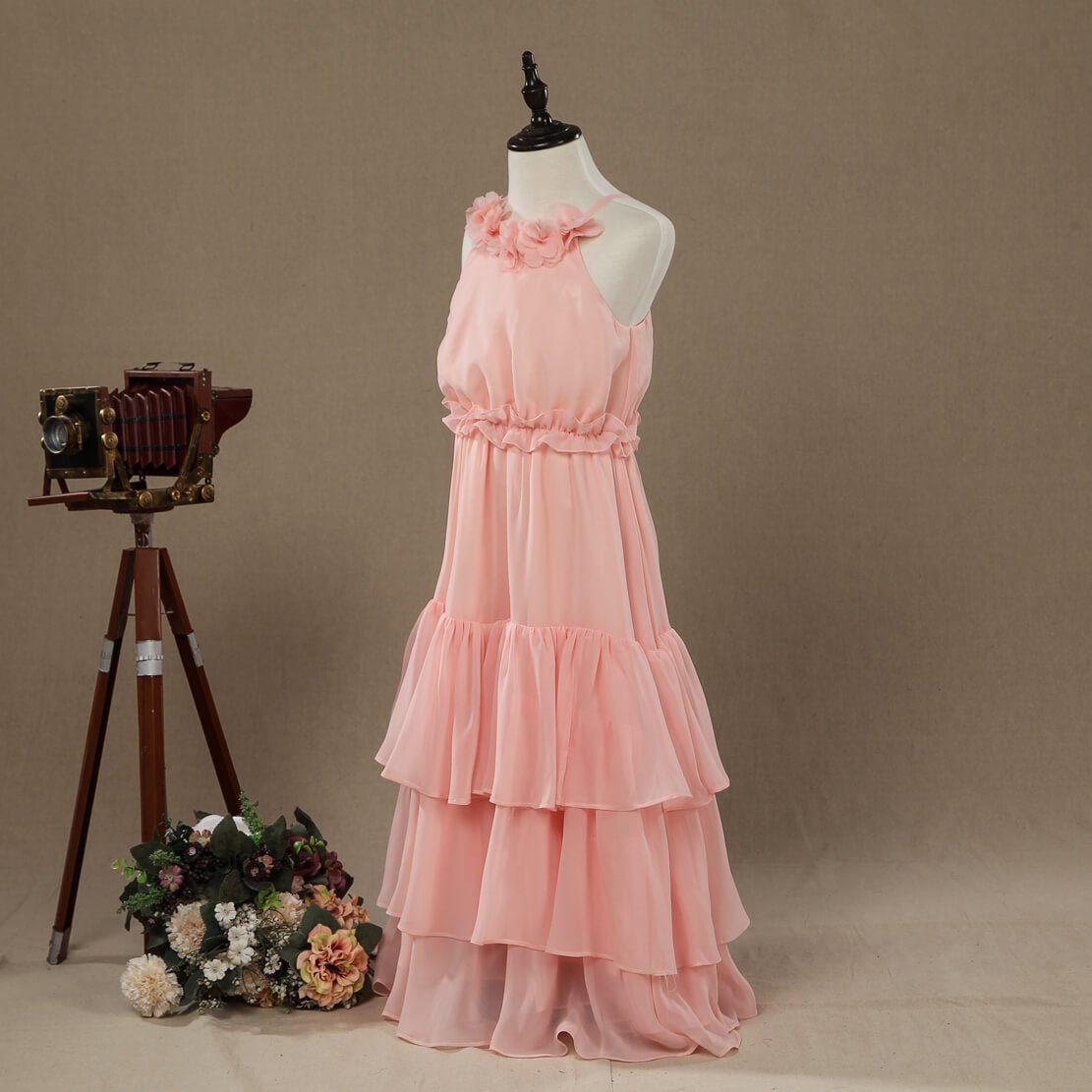 NumberSea - A - Line Long Chiffon Flower Girl Dress Jewel Flower Neck Spaghetti straps with Tiers