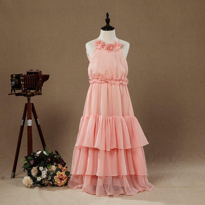 NumberSea - A - Line Long Chiffon Flower Girl Dress Jewel Flower Neck Spaghetti straps with Tiers