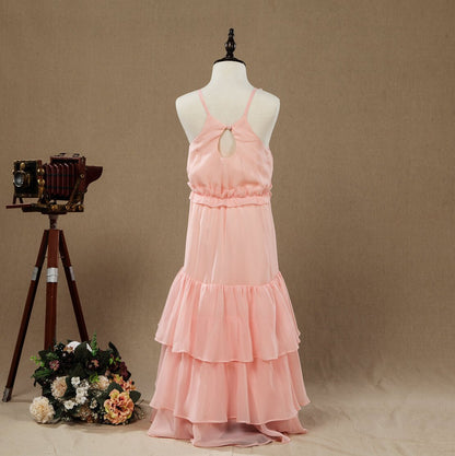 NumberSea - A - Line Long Chiffon Flower Girl Dress Jewel Flower Neck Spaghetti straps with Tiers