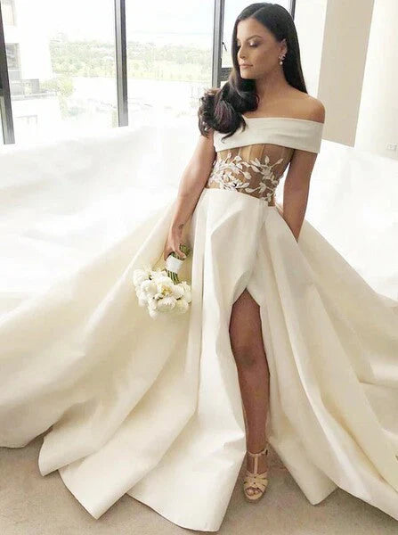 Wedding Dresses A Line Off The Shoulder Satin Up Court Train  with Appliques