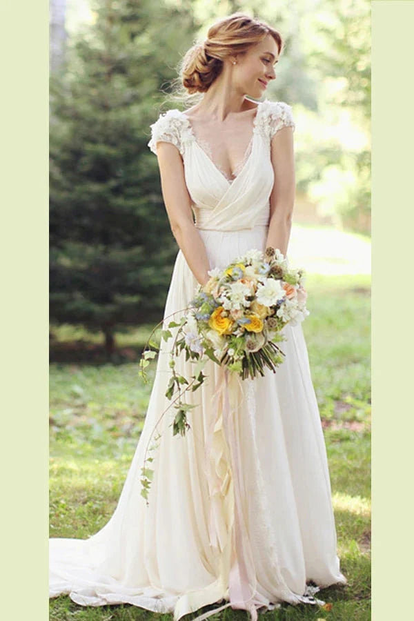 Wedding Dresses A-Line V-Neck Chiffon with Lace Appliqued Cap Sleeves Chapel